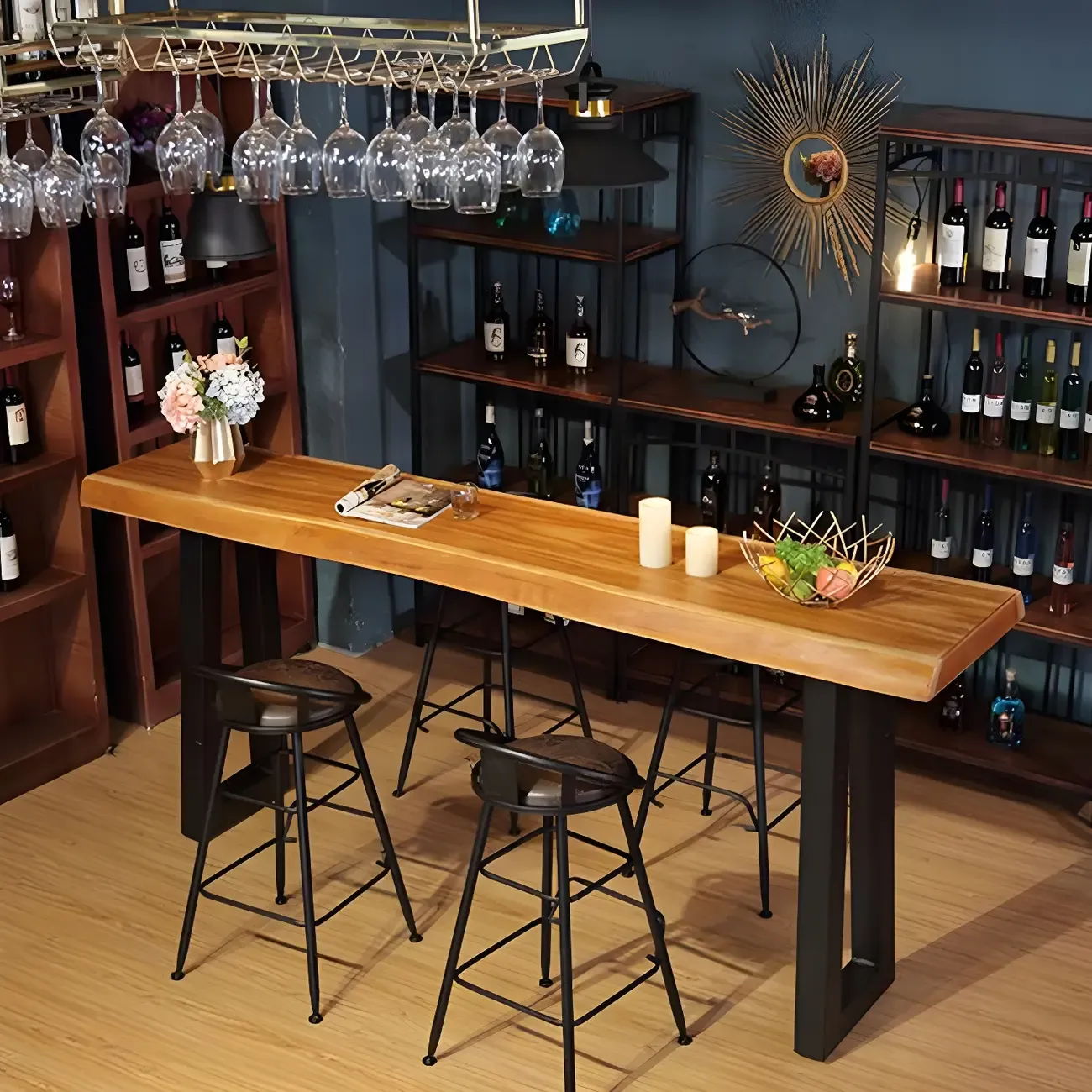 Industrial Brown Pine Rectangular Bar Table with Metal Sled Base