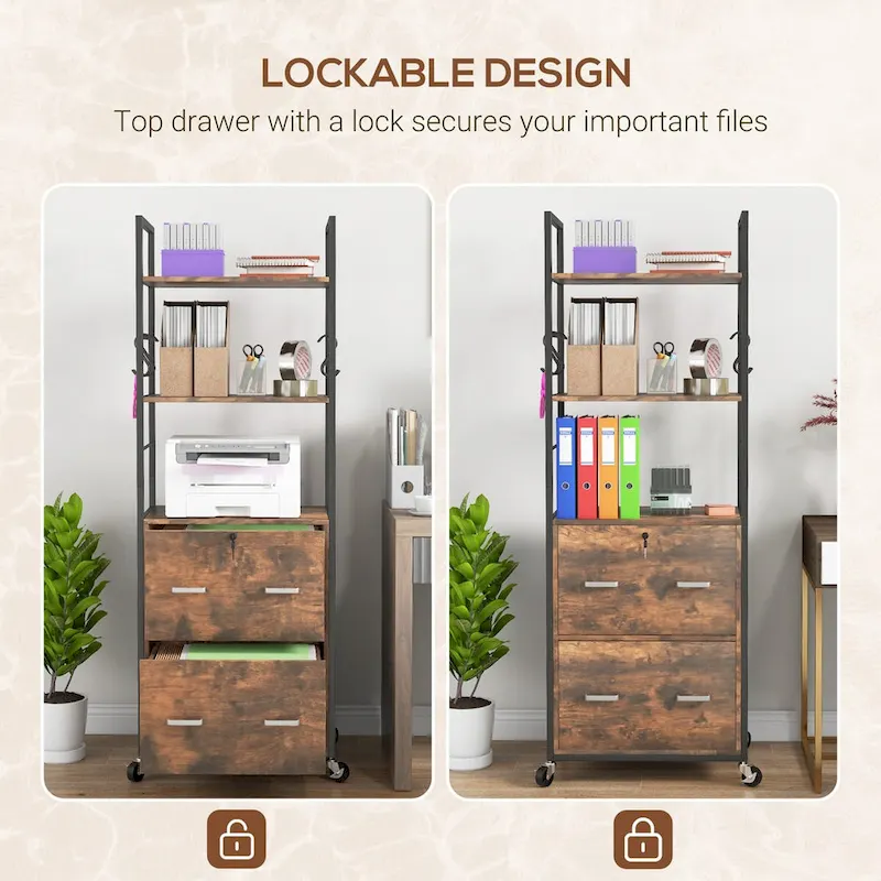 2 Drawer Mobile File Cabinet with Lock & Hanging Bar, Rustic Brown