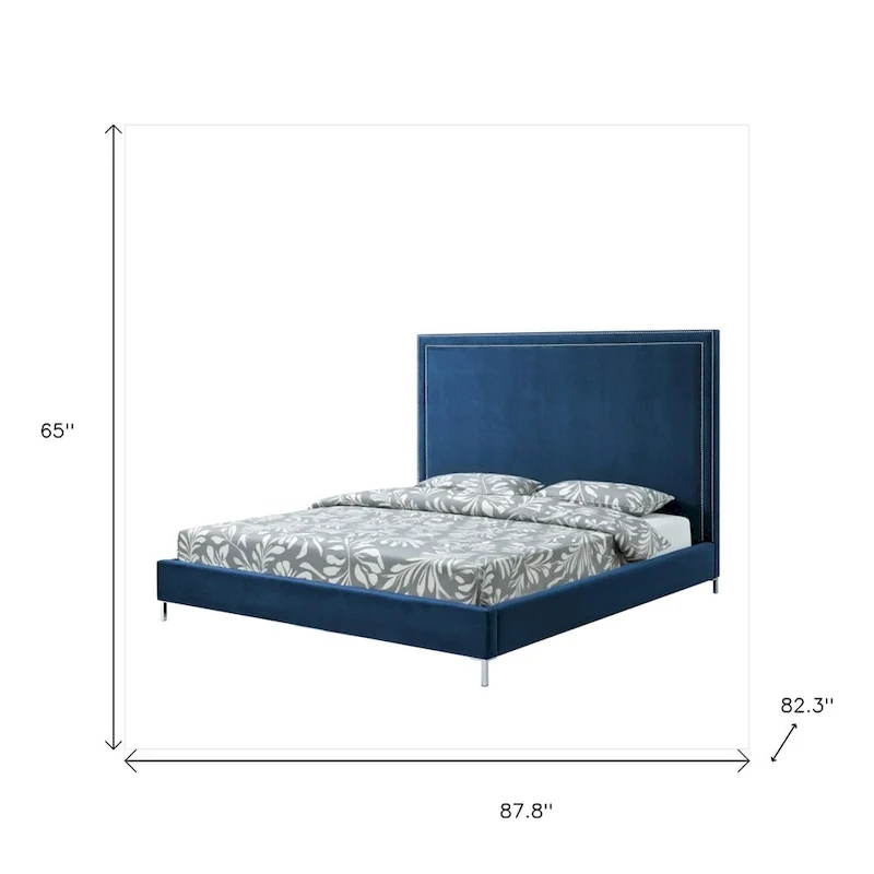 Navy Blue Solid Wood King Upholstered Velvet Bed with Nailhead Trim
