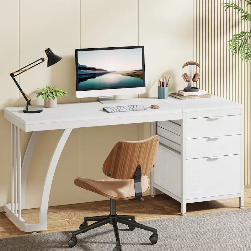 59-inch Wood/ Metal Computer Desk Writing Table with 3 Reversible Drawers