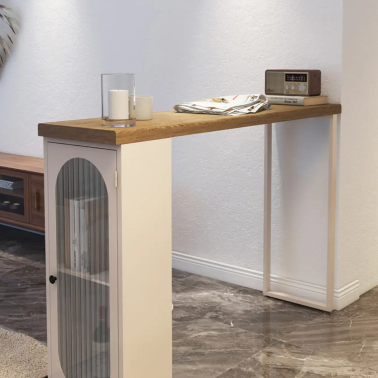 Modern Natural Wood Bar Table Metal Base with Side Cabinet