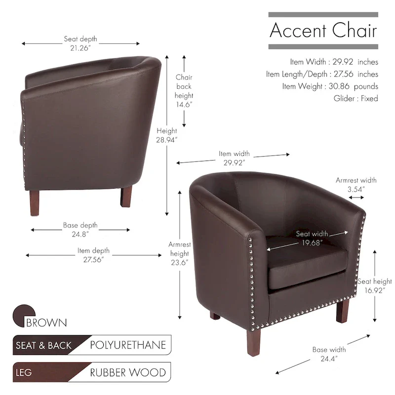 PU Leather Barrel Accent Chair - Brown Single Seat