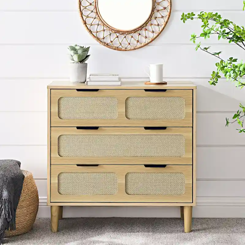 Farmhouse Rattan 3 Drawer Dresser, Wooden Wide Chest of Drawers with Metal Handles