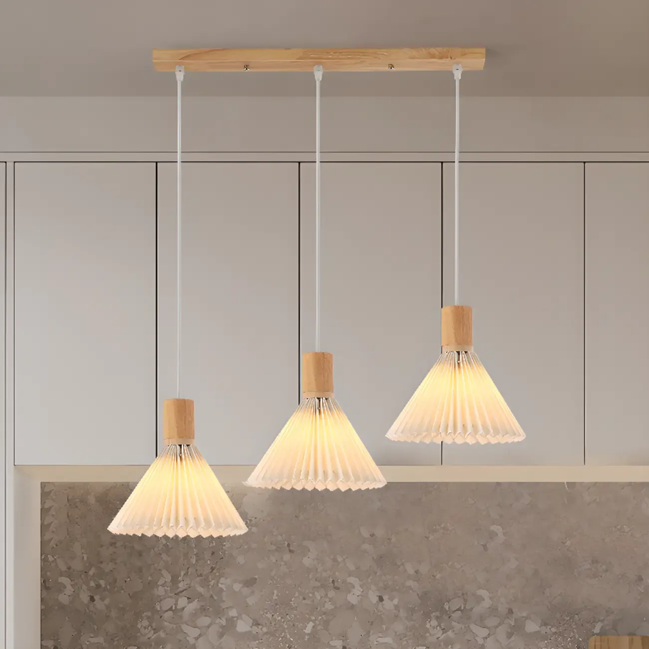 Glass Shade Wood Kitchen Island Pendant Light Adjustable Length