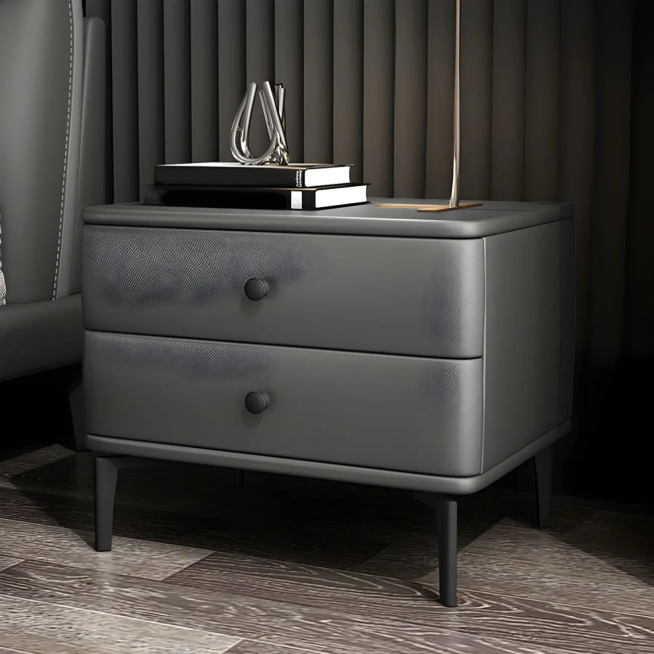 Modern Black Leather Bedside Table with Drawers