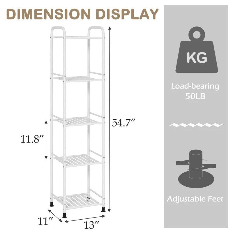 5 Tier Narrow Bathroom Shelving Unit - 13 D x 11 W x 54.7 H