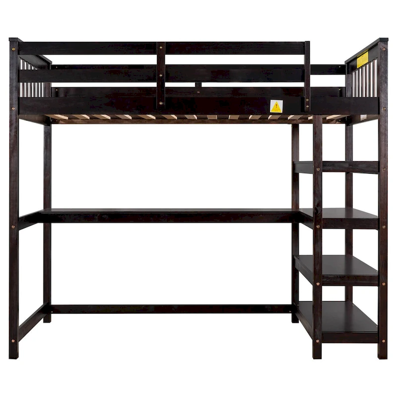 Espresso Solid Wood Loft Bed with Integrated Desk, Storage Shelves, Stable Guardrails
