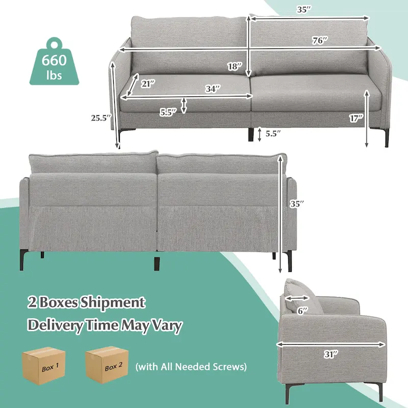 Modern 76 Loveseat Sofa Couch with Metal Legs Gray