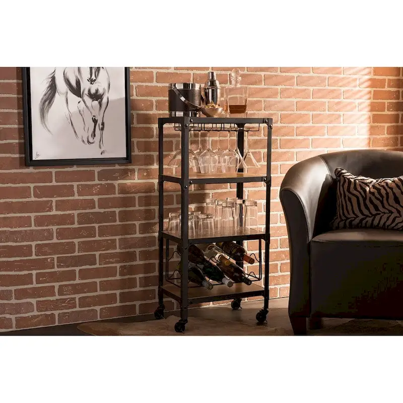 Rustic Industrial Style Antique Black Textured Finish Metal Distressed Wood Mobile Kitchen Bar Wine Storage Shelf