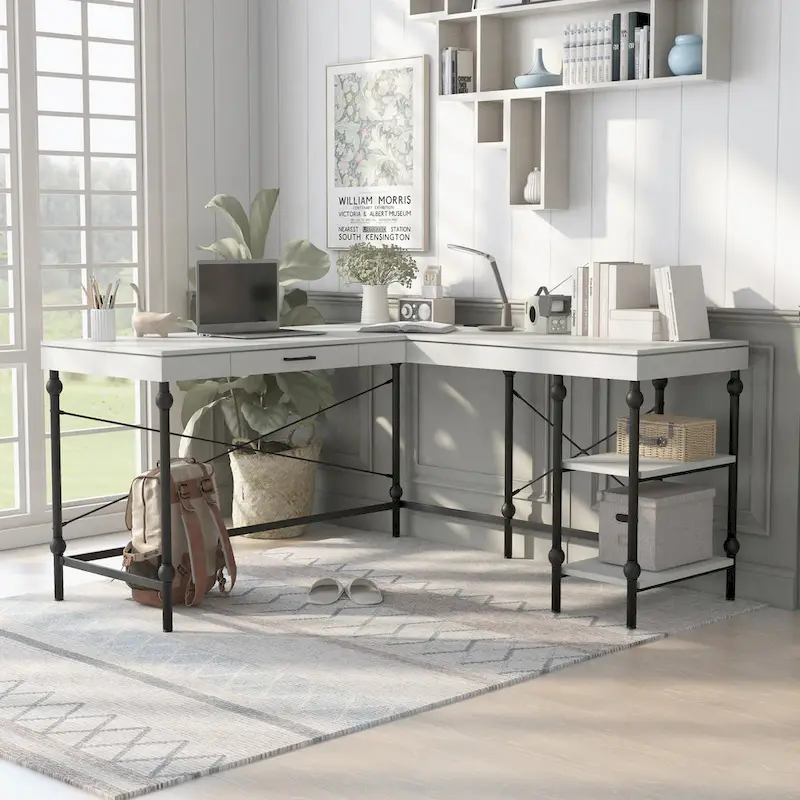 59-Inch Metal L-Shaped Computer Desk (With Usb Ports)