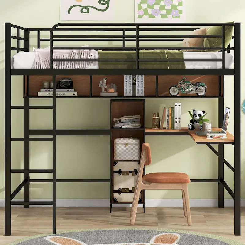 Full Size Metal & Wood Loft Bed with L -Shaped Desk and Shelves