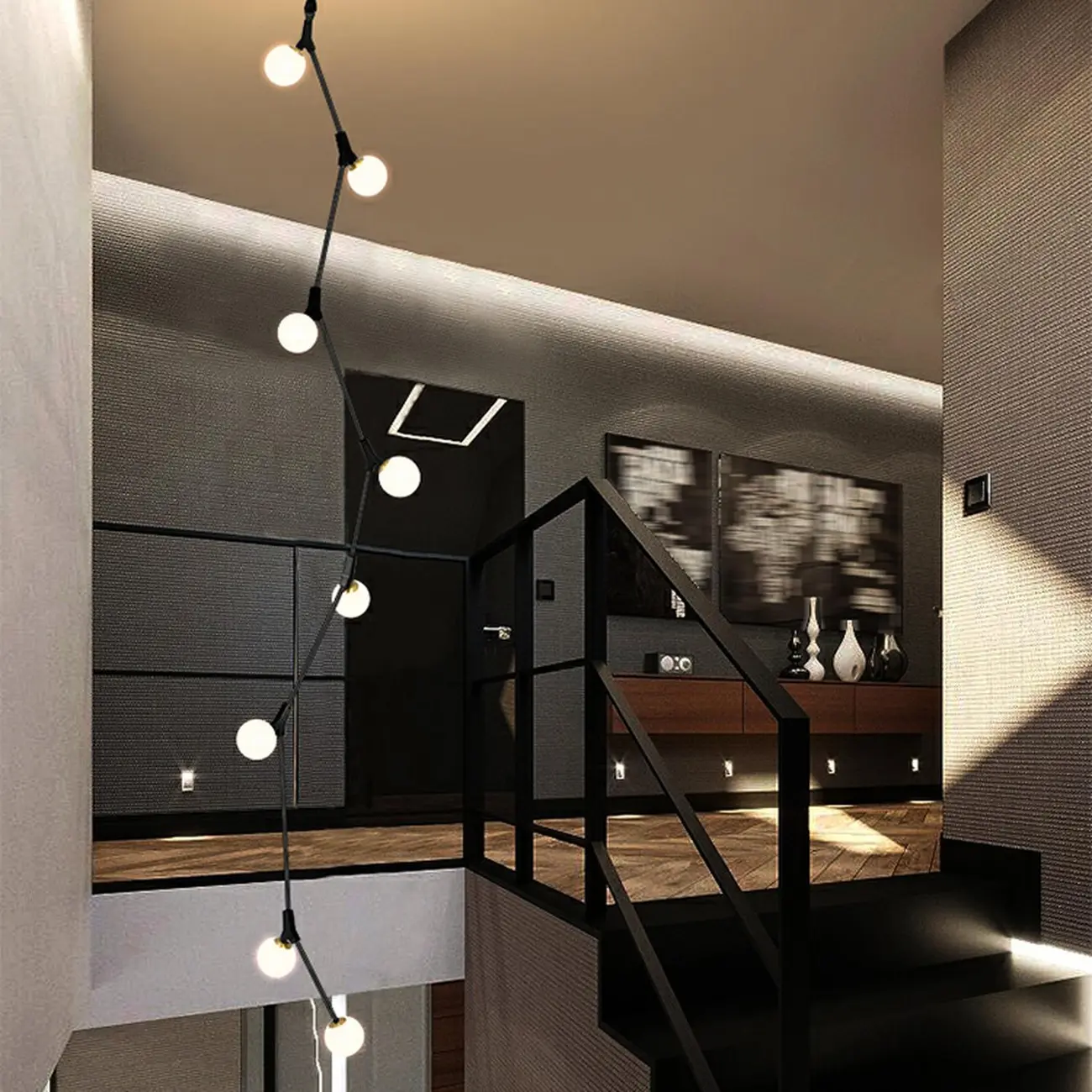 Modern Gold Branch Globe Glass Downrod Stairwell Chandelier