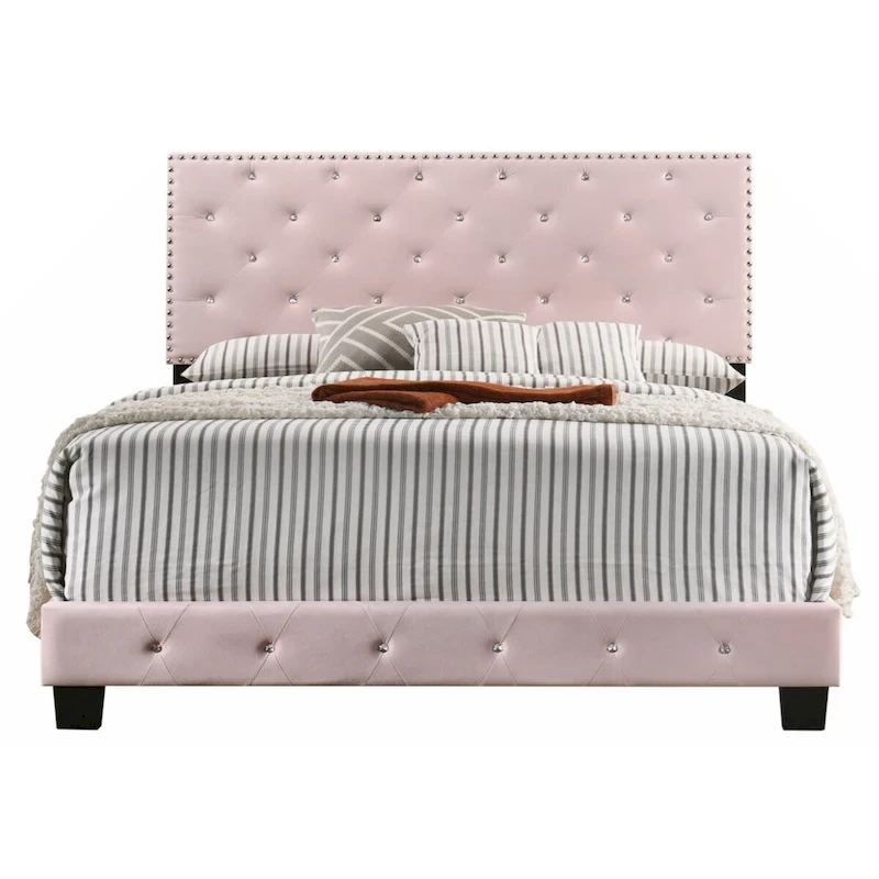 Pink Velvet Platform Bed with Nailhead Trim, Queen Size