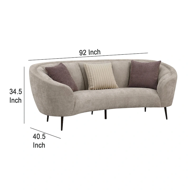 Zui Curved Sofa, 92 Inch, Beige Fabric, Round Design, 3 Accent Pillows