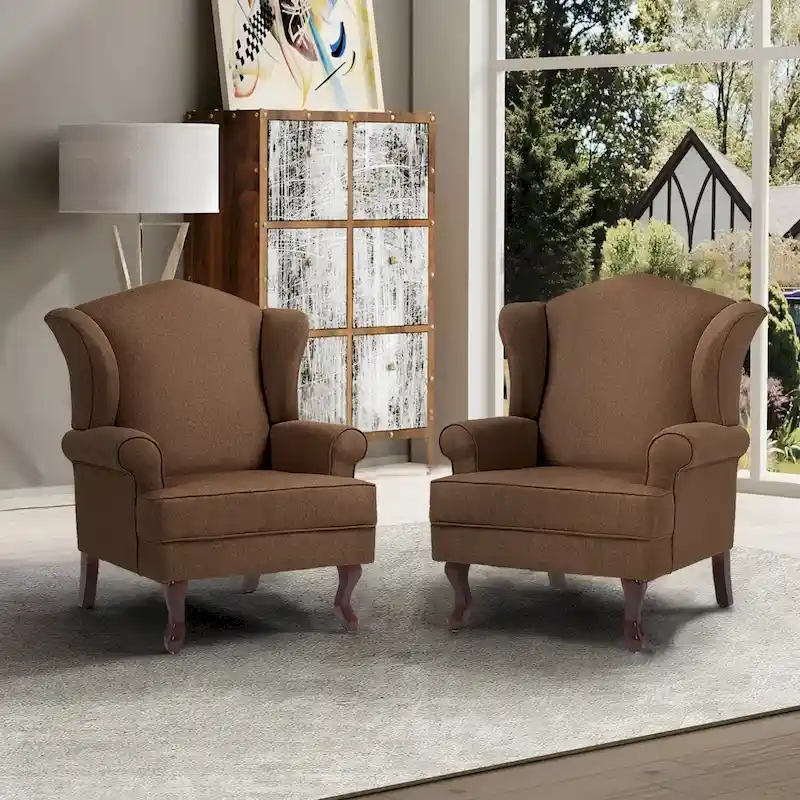 2 Set Traditional Wingback Accent Chairs Upholstered Armchair
