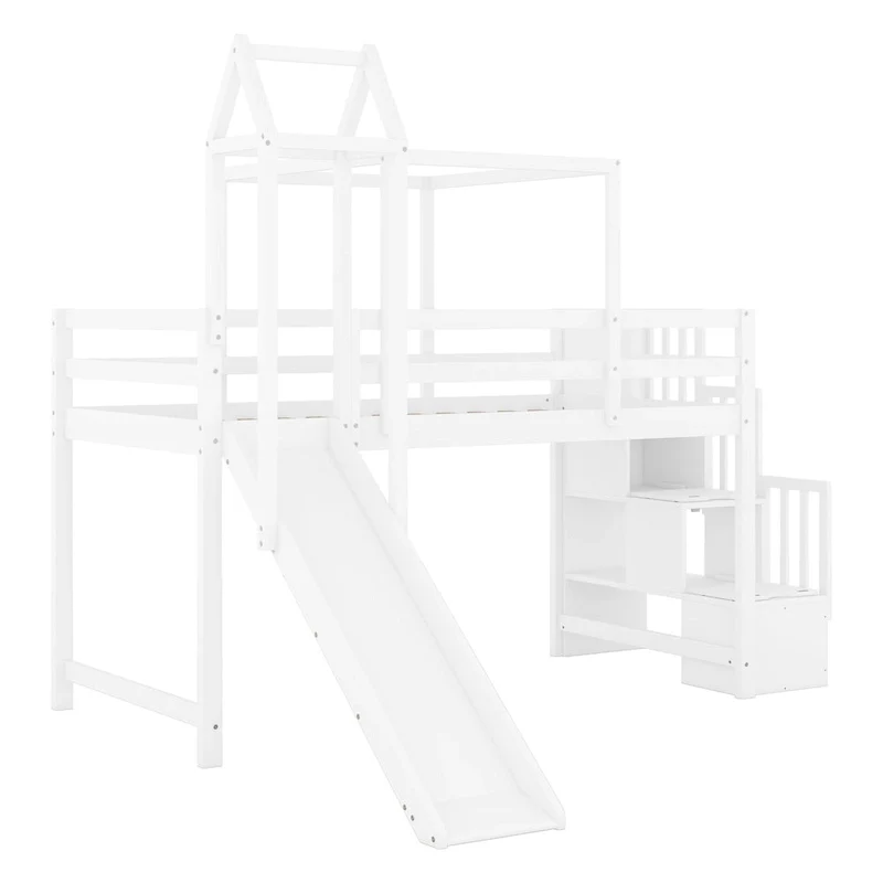 Twin Pine Loft Bed with Staircase, Slide, Tent, Tower, and Guardrail