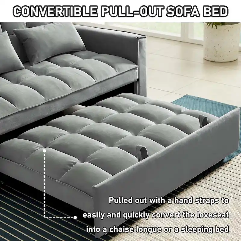 Convertible Sleeper Loveseat, 3-Position Backrest, Velvet, Foam, Side Pockets, USB, Seats 2/Twin Bed, Blue/Black/Grey