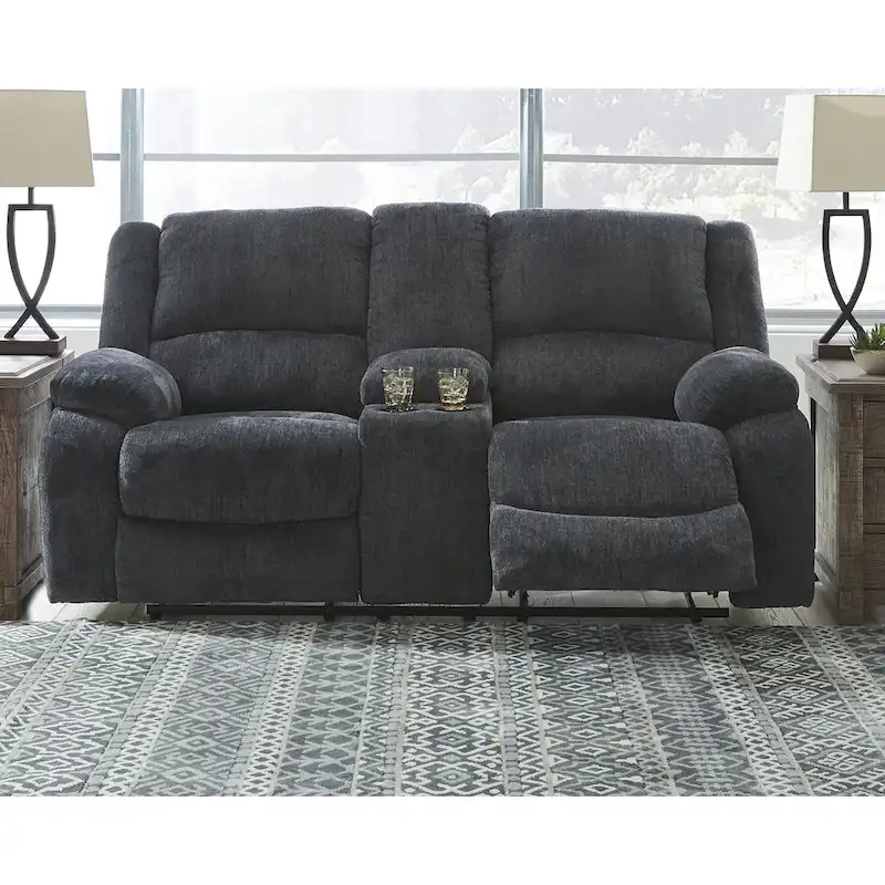 Draycoll Contemporary Double Reclining Loveseat w/Console, Slate - Medium