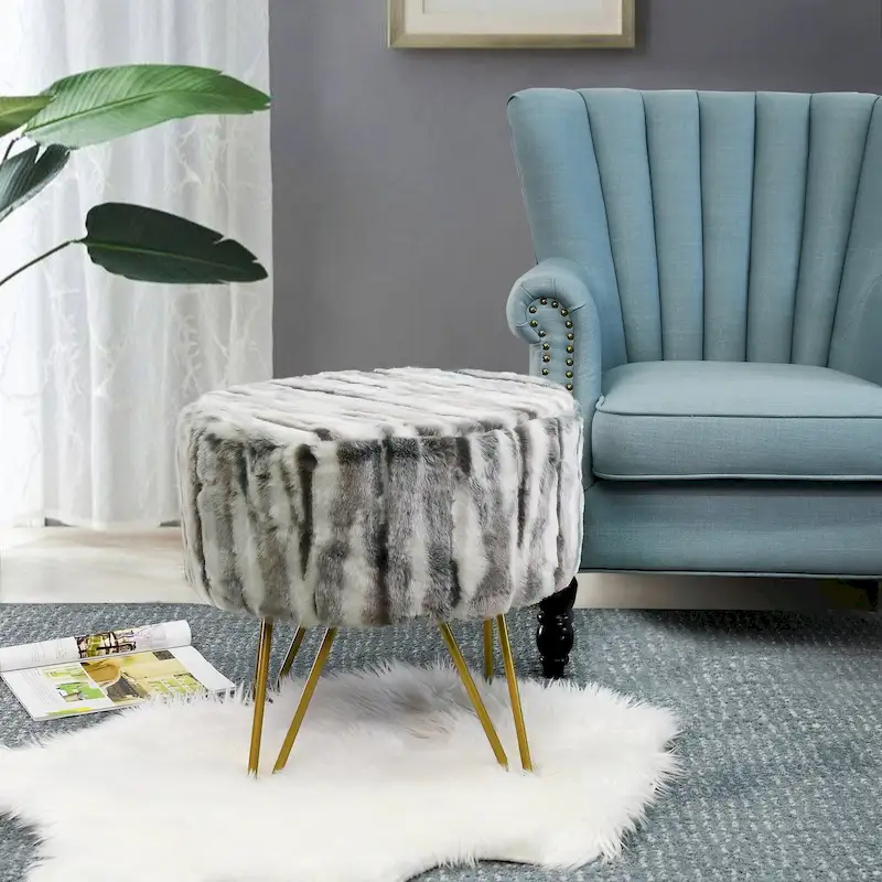 Home Soft Things Multi Jacquard Fauxfur Round Ottoman