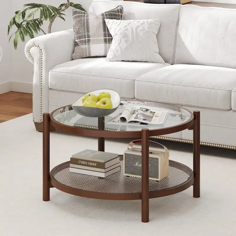 Costway Wooden 31 Round Coffee Table with Tempered Glass Top Handmade - Cherry+Transparent - See Details