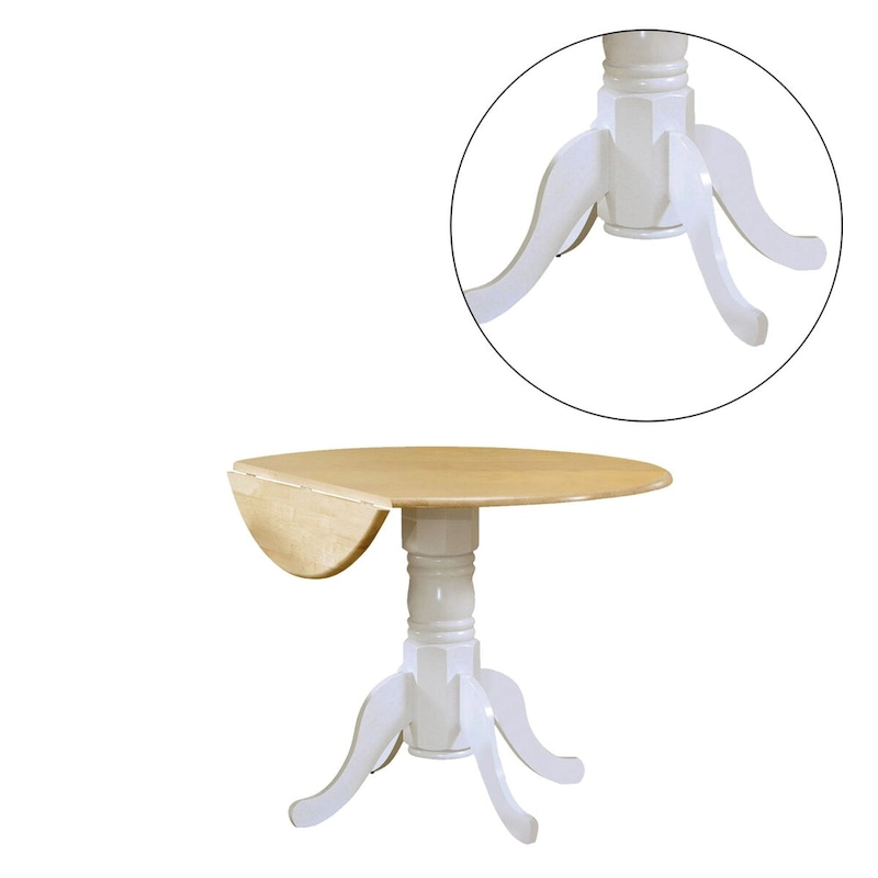 Round Pedestal Drop Leaf Dining Table, Natural Brown and White