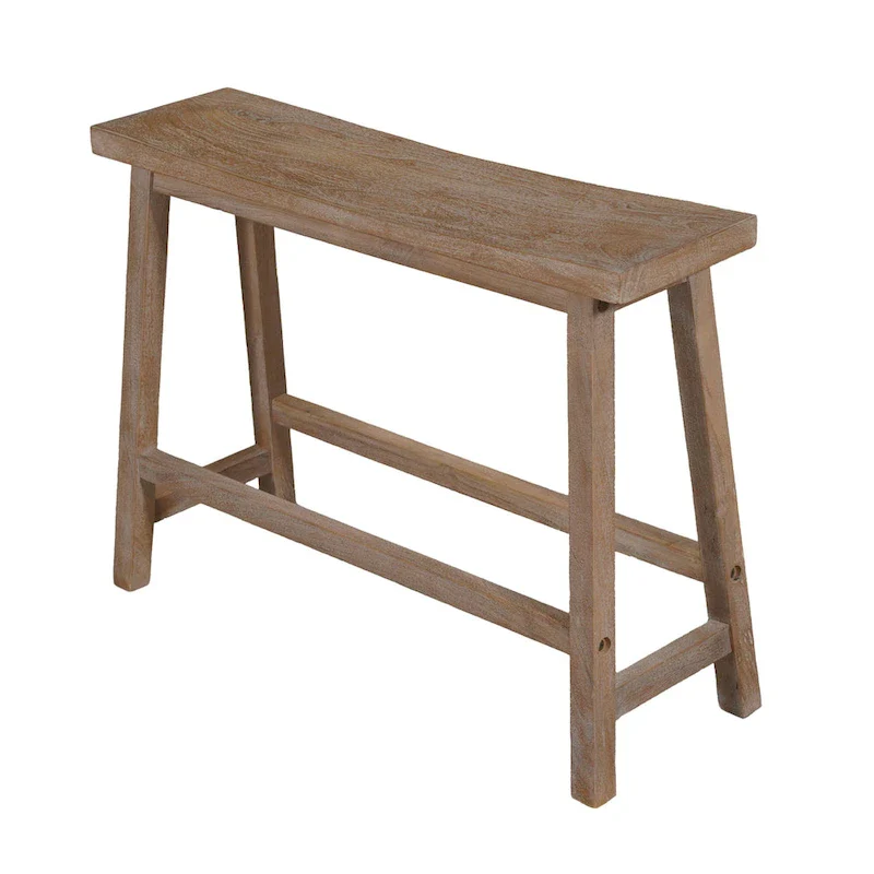 33 Inch Saddle Seat Bench with Angled Frame, Sandblasted Antique Brown Acacia Wood