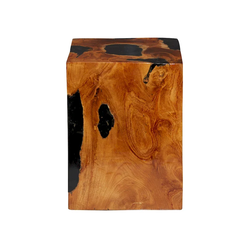 Teak Wood Block Accent Table with Black Resin Inlay - Brown-11Wx12Lx15H