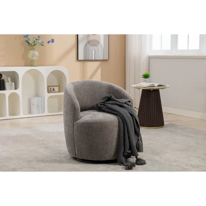 Chenille Fabric Swivel Accent Armchair Barrel Chair With Black Powder Coating Metal Ring