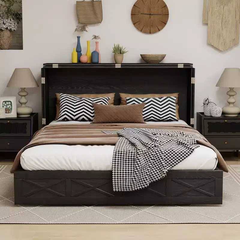 Keloyid Haimyy Solid Wood Frame Queen Murphy Bed Chest with Built-in Charger and Strong Drawer