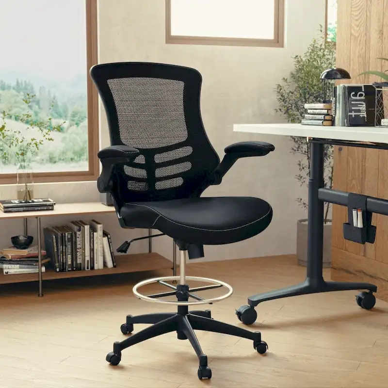 Mid-Back Ergonomic Drafting Chair with Adjustable Foot Ring and Flip-Up Arms