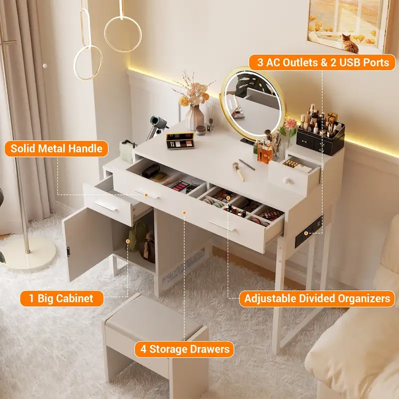 Reversible Makeup Vanity Desk With Charging Station and 4 Wooden Drawers and 1 Cabinet - N/A