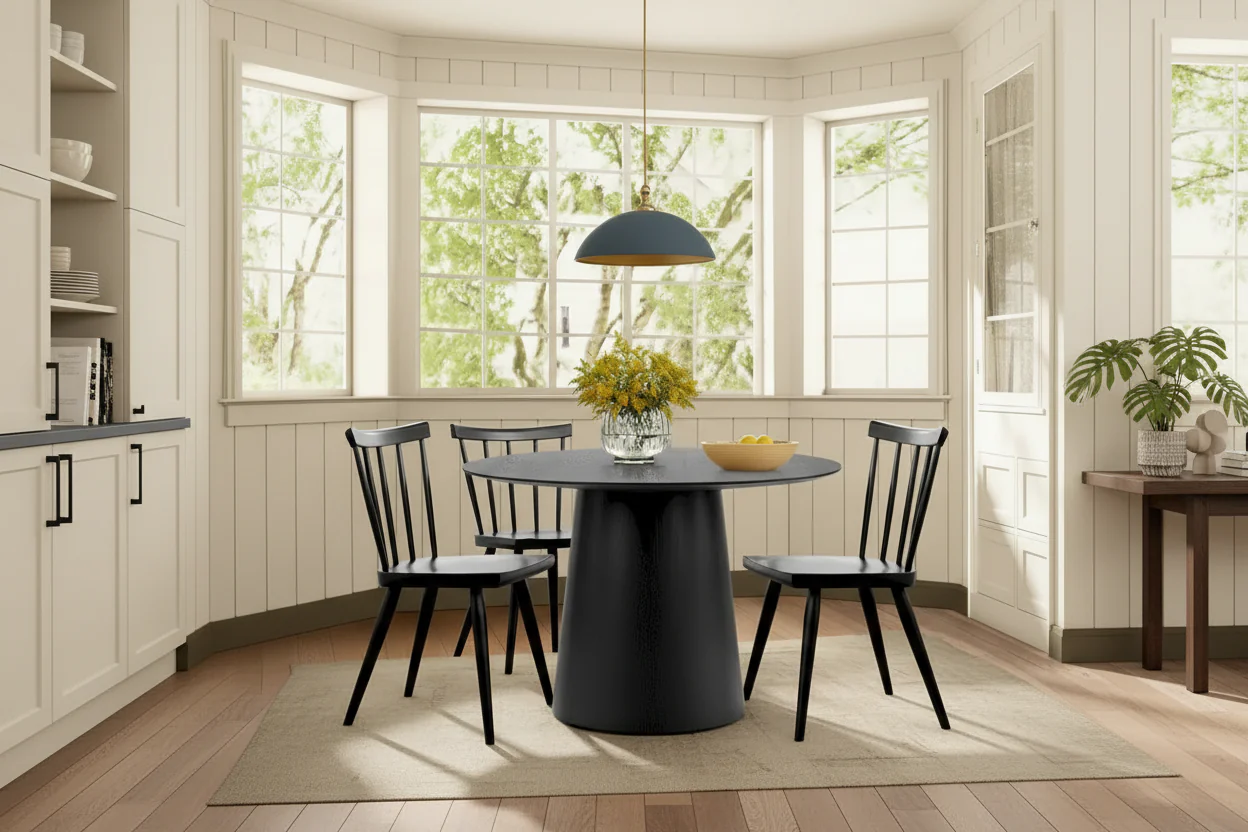Oak / Black Round Pedestal Dining Table – Seats 4