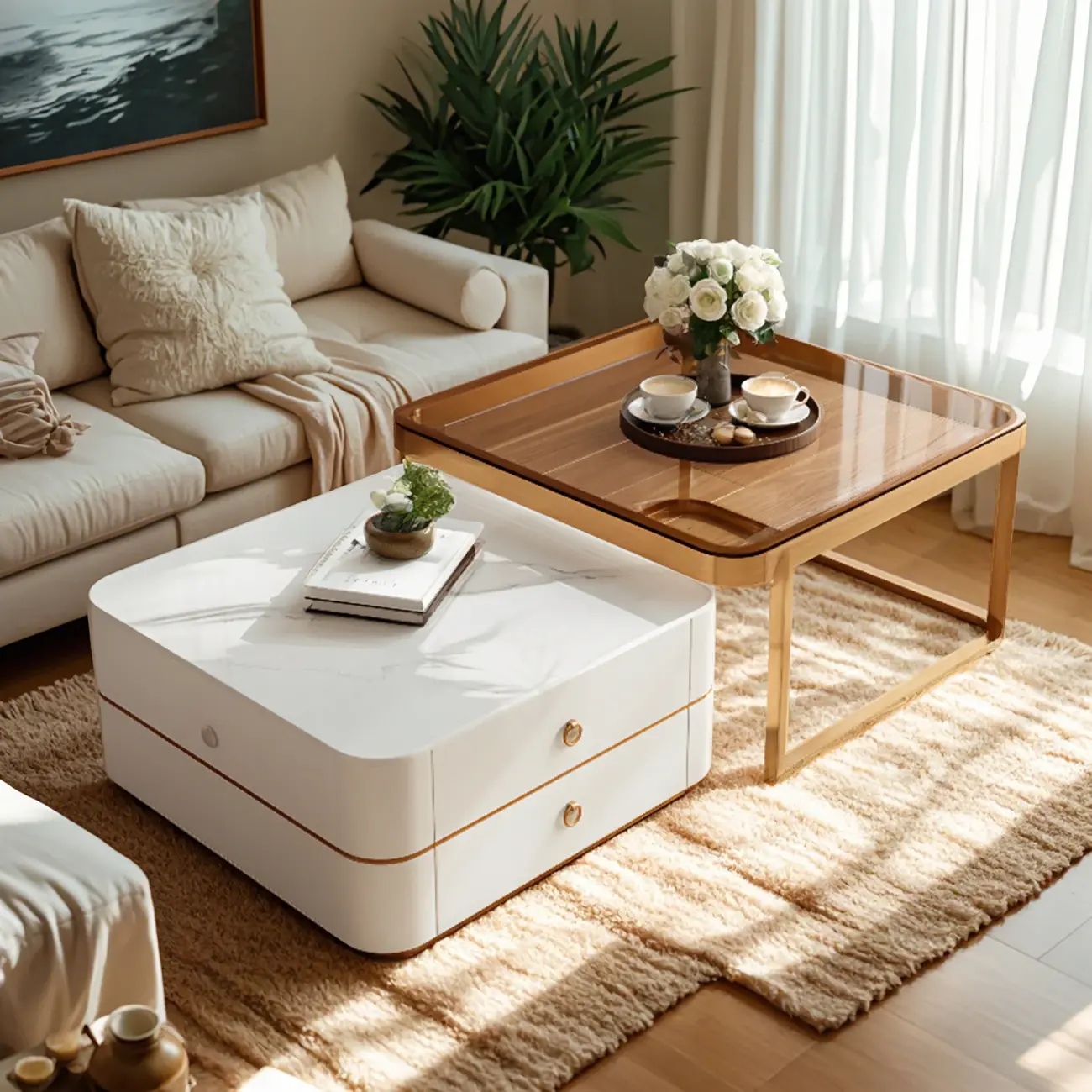 Modern Rectangular Marble Coffee Table Set with Drawers