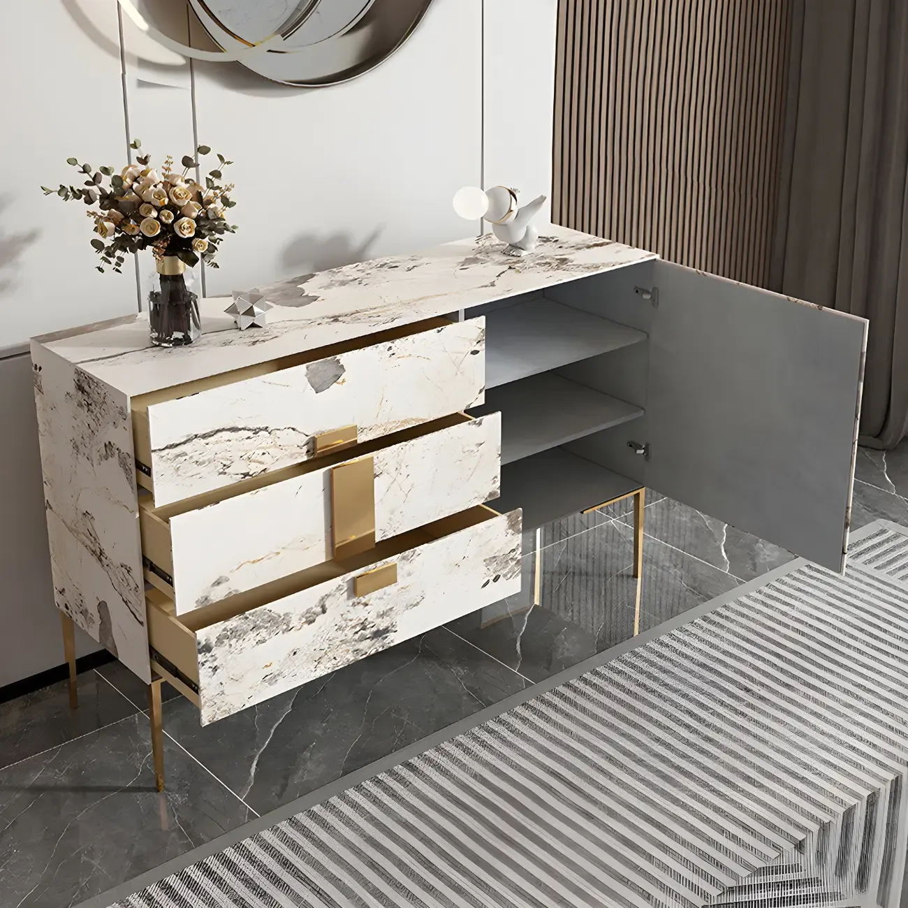 Artistic White Stone Top Buffet Table with Drawers