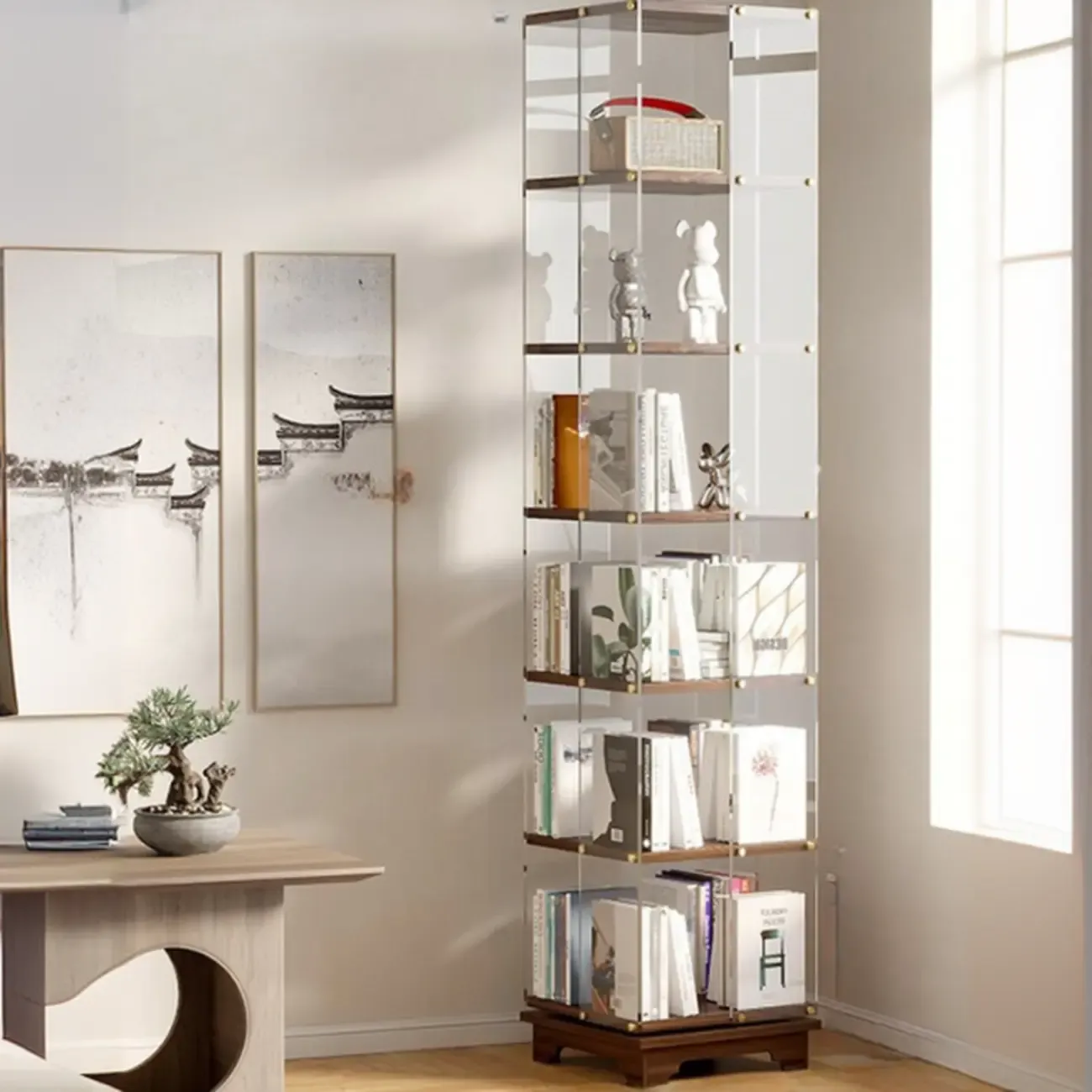 Art Deco Square Timber Shelf Glass Panel Swivel Chest