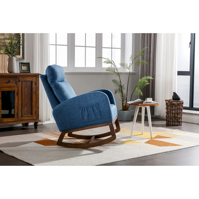 Blue 27 Upholstered Rocking Chair with Wood Legs and Convenient Side Pocket
