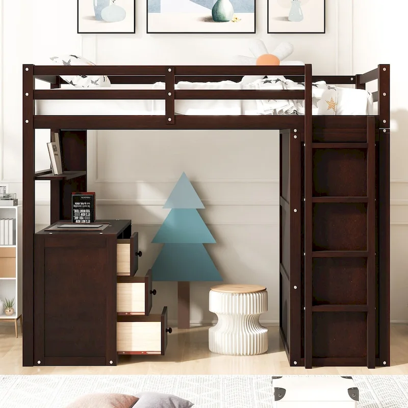 Multi-Functional Twin/Full Loft Bed with Drawers, Desk, and Wardrobe