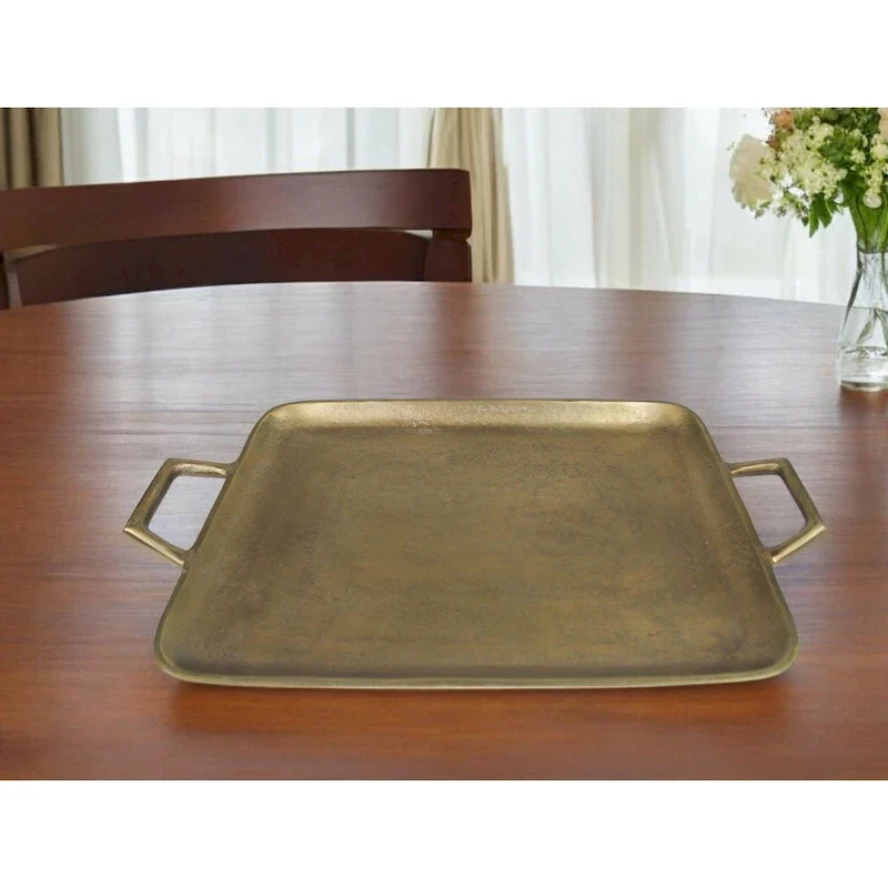HomeRoots 16  Gold Rustic Metal Tray With Handles