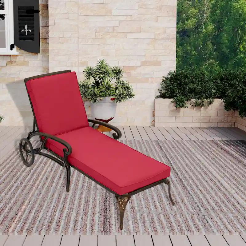 Clihome Cast Alum Folding Reclining Patio Chaise Lounge with Red Cushion