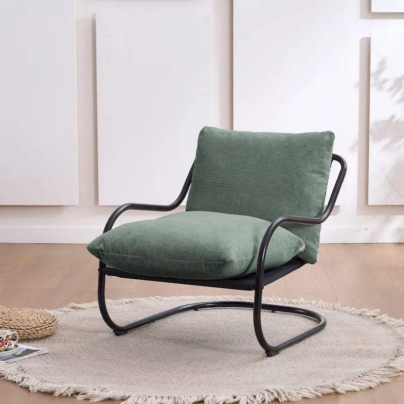 FERPIT Modern Curved Accent Chair with Faux Linen Upholstery, Comfy Lounge Chair with Metal Frame & Cushions