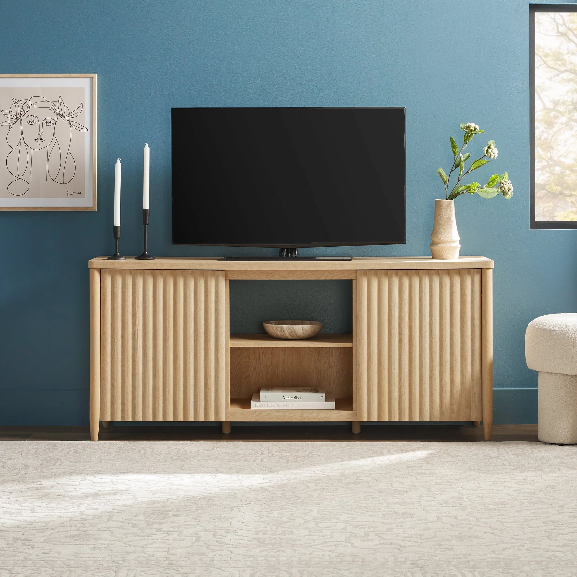 Flynn Scandinavian Reeded TV Stand with Storage