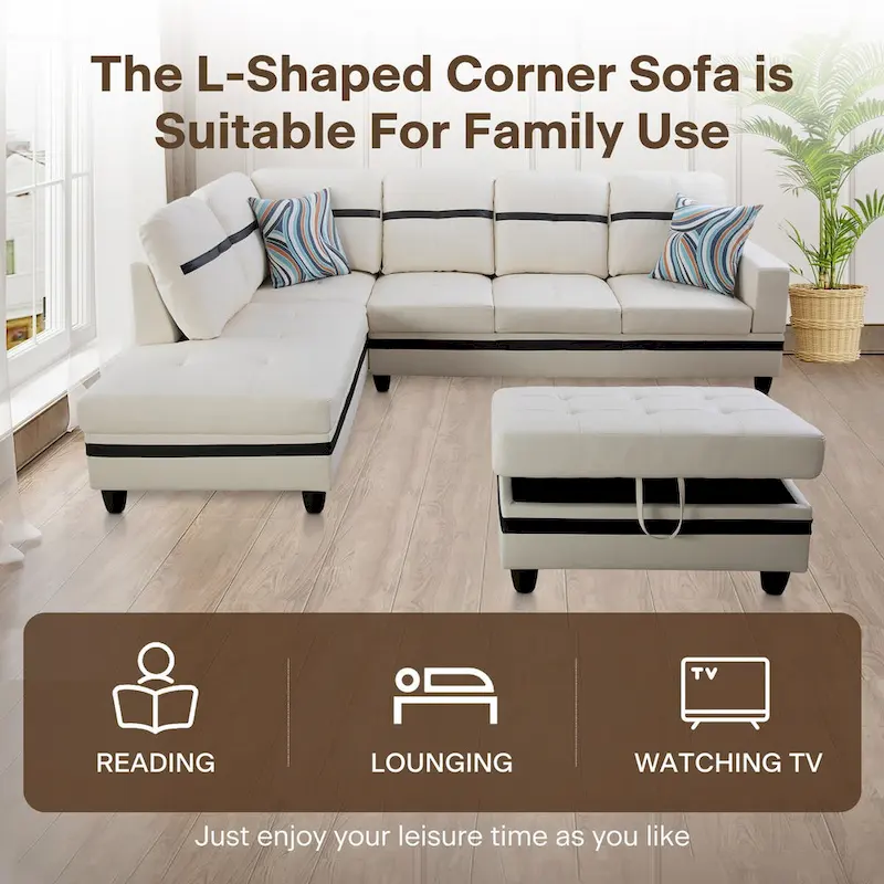 L-Shape Semi PU Leather Living Room Sofa Set with Ottoman,3-Piece