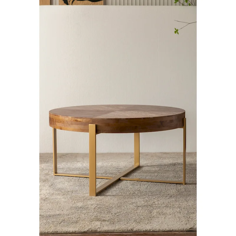 Natural Wood Round Coffee Table with Metal Cross Legs