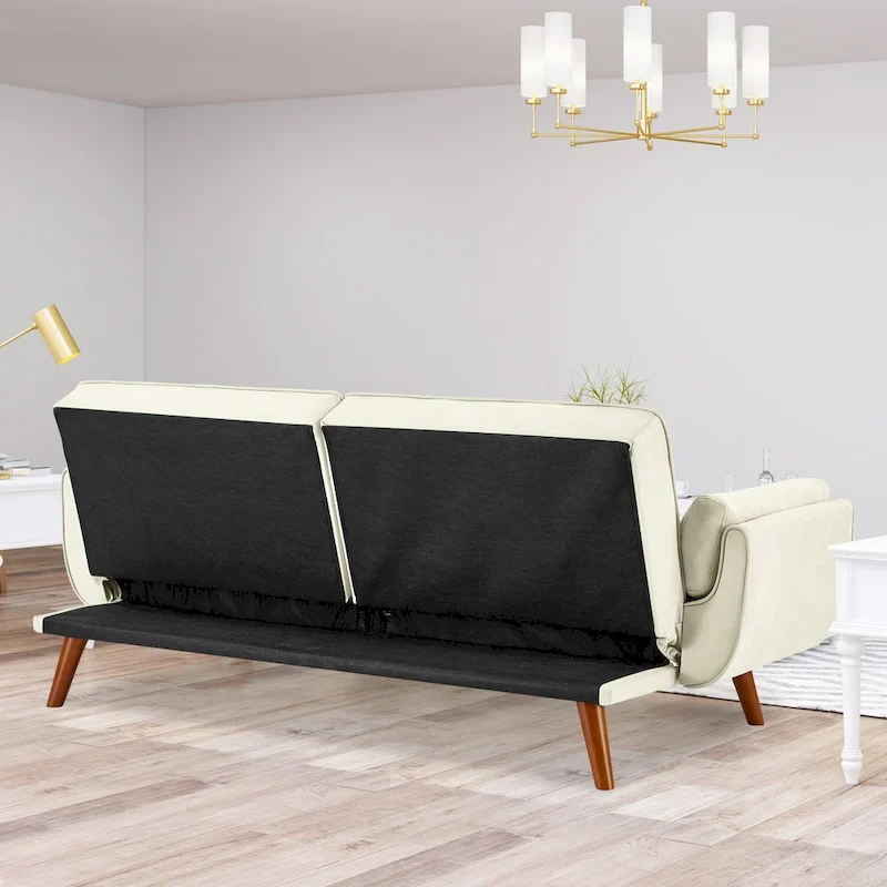 Convertible Futon Sofa Bed, Tufted Linen, Wood Legs, 3-Position Backrest, 500 lbs, Seats 2, Beige/Grey/Green/Yellow