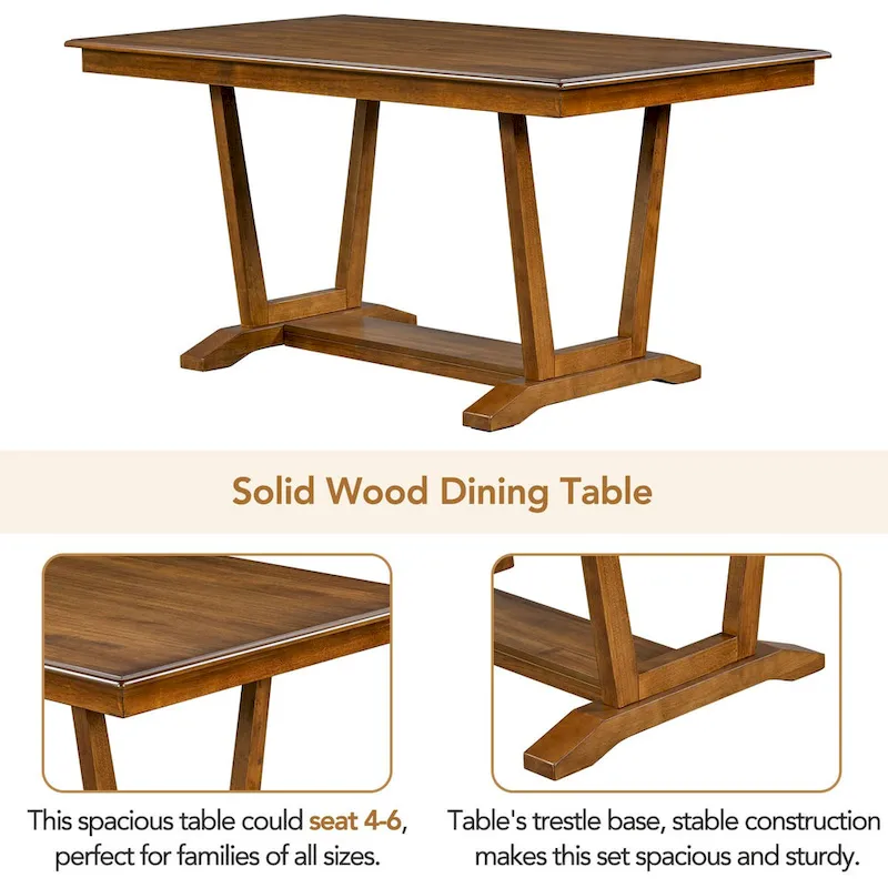Rustic 5-Piece Dining Set - Solid Wood Table with Trestle Base, 59-inch Rectangular Dining Table and 4 Upholstered Chairs