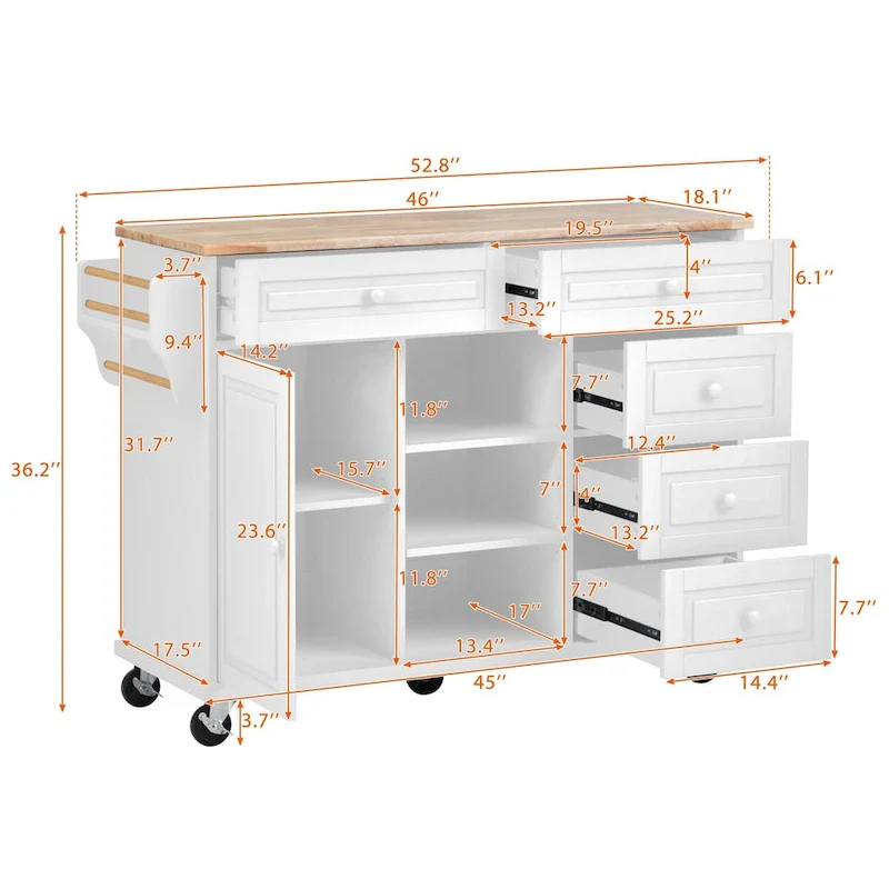 Rubber Wood Desktop Kitchen Cart Featuring Five Drawers, Concealed Cabinet, Adjustable Shelves and Smooth Rolling Wheels