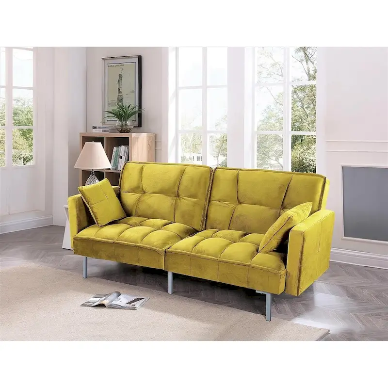 Regal Convertible Sleeper Sofa Bed Velvet Pull Out Couch with Mid-Century Style Tufted Design and Metal Legs