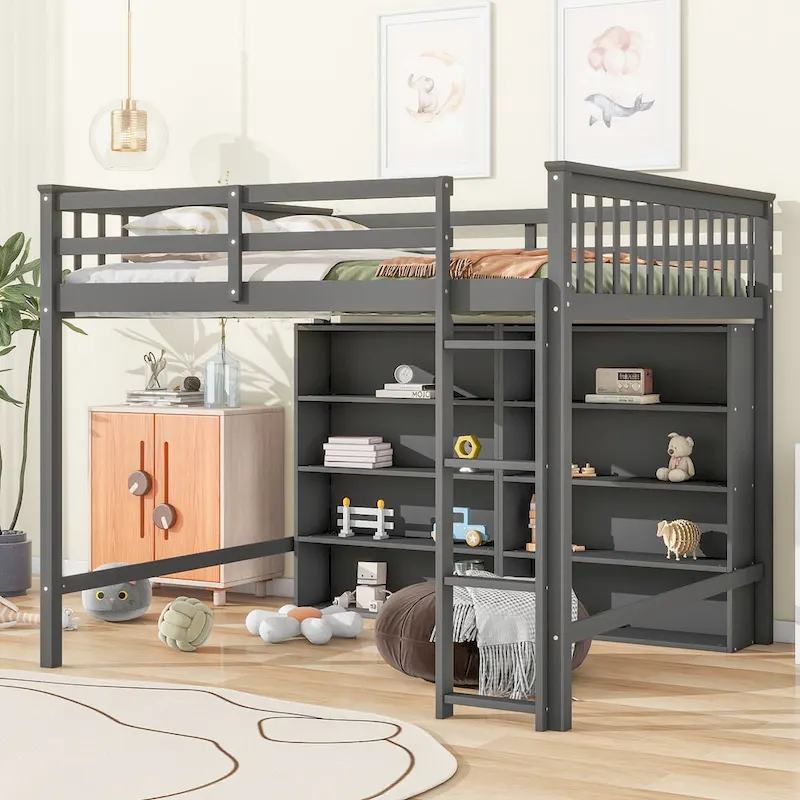 Full Size Loft Bed with Open Storage Shelves and Built-in Ladder, Gray