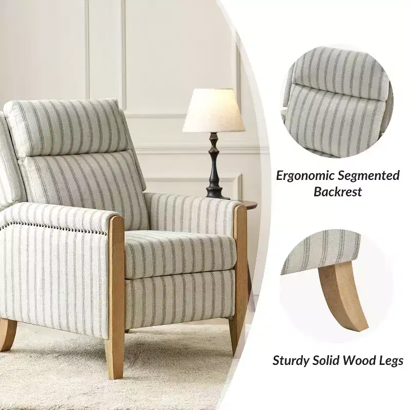 Upholstered Push Back Recliner, Set of 2 — Beige / Blue / Grey / Stripe