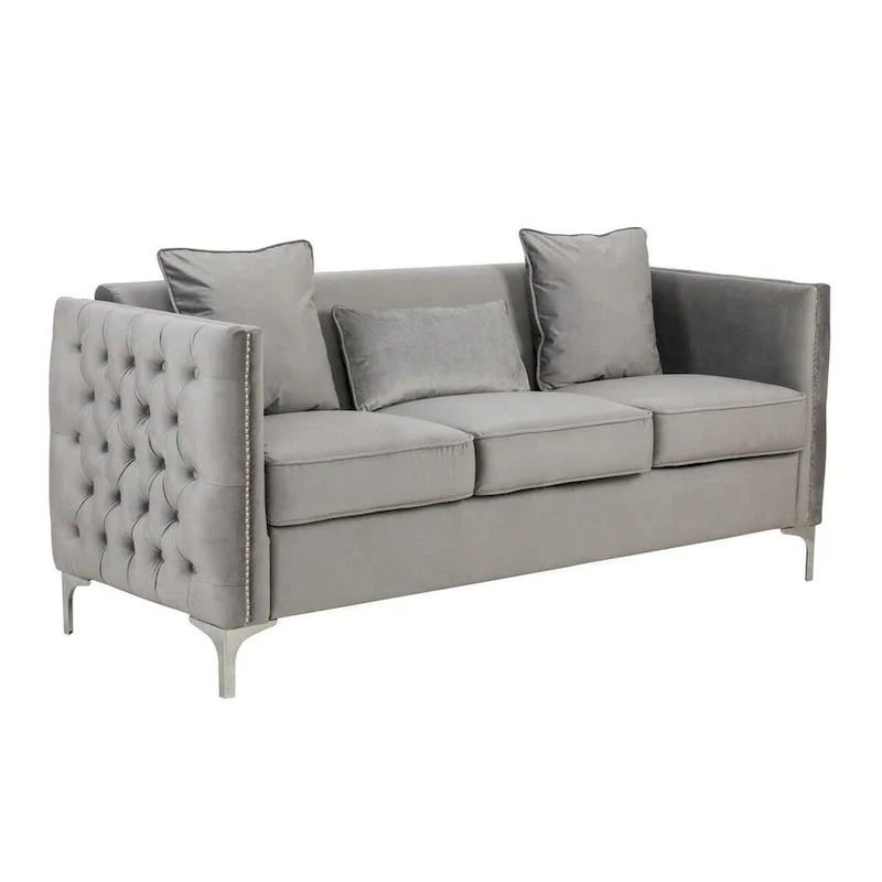 Joel 73 Inch Modern Sofa with 3 Pillows, Tufted Gray Velvet, Silver Legs